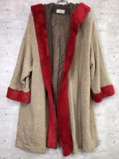 日本製 古着 フェイクファー切替 刺繍 ライオン柄 フード付 ガウン コート