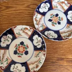 有田焼 陶扇 菊割皿 2枚セット 錦絵 中皿 和皿 金彩色絵 赤絵 古伊万里