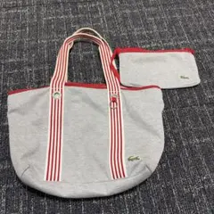 LACOSTE トートバッグ ポーチ付き グレー レッドのサムネイル