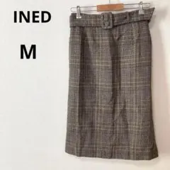 美品 INED イネドM ベルト付き グレンチェックタイトスカート 膝下