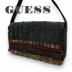 GUESS ゲス ハンドバッグ アクセサリーポーチ ビーズ ファー ブラック