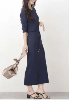 【nano・universe】リブニットワンピース ネイビー ロング丈