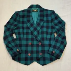 レトロ ジャケット ダブルボタン グリーン チェック柄 9号 破損あり y2k