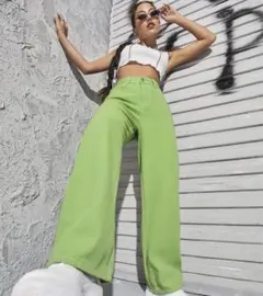 shein ストレート　ワイド　カラージーンズ　パンツ　ボトムス　黄緑