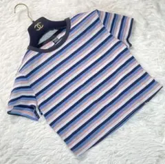 【美品✨】シーイン Tシャツ 青 ピンク 白 ボーダー ショート丈 薄手ニットL