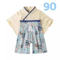 新品 袴ロンパース アイボリー×スカイブルー花車輪柄 90