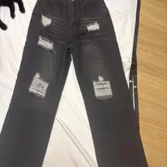 ブラック ダメージデニム ワイドパンツ