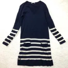 ラコステ　ウールワンピース　Ｖネック　ボーダー　裾ワニロゴマーク　両ポケット