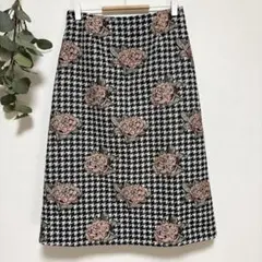 美品✨花柄 チェックタイトスカート 千鳥 膝丈 フェミニン 上品 大人コーデ