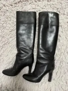 ブラックレザー ロングブーツ 高ヒール