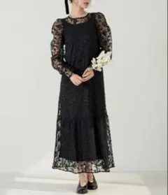 hinari フラワー刺繍チュールレースワンピース　ブラック