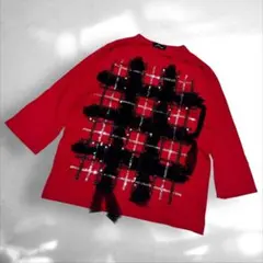 コムデギャルソン　 チェックフリンジ　長袖カットソー　7分袖　赤M（E1