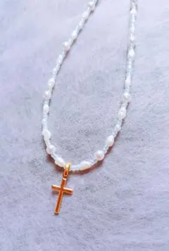 ◆淡水パールとゴールドのクロスネックレス