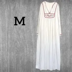訳あり【M】刺繍入り ホワイト 長袖 ロングワンピース 裏地なし ヴィンテージ