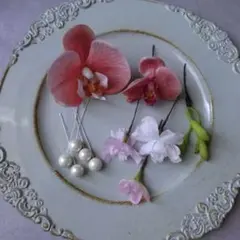 ＊お得なset＊コーラルピーチ胡蝶蘭と桜のヘアパーツset 髪飾り　結婚式　和装