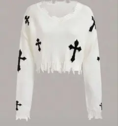 ホワイト クロス模様 クロップドニット レディース トップス