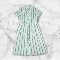 【アンナルナ】レトロワンピース　刺繍　ドット　シャツワンピ　フレア　前開き　綿