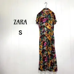 ザラ 完売品 総柄 シャツワンピース マキシ丈 Aライン リゾート 海外 羽織