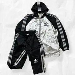 90s adidas シルバー ブラック ナイロン セットアップ ジャージ
