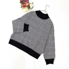 美品✨（F）グレンチェック柄 ニットセーター 黒×グレー オーバーサイズのサムネイル