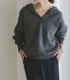 接結タック編みフードプルオーバー　グレー