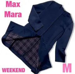 MaxMara WEEKENDノーカラー ロングコート ネイビー チェック Mのサムネイル