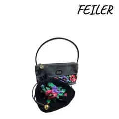 FEILER フェイラー シュニール織 ハンドバッグ 巾着ポーチ付き花柄ブラック