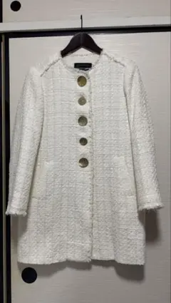 ZARA WOMAN ツイードコート 白 M ノーカラー