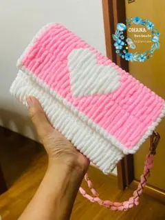 手作りピンクホワイトハートクラッチバッグ