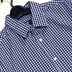 美品 H&M スリムフィット ギンガムチェック柄 ロングシャツS ネイビー系