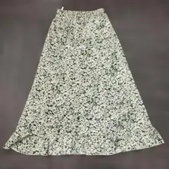 coen グリーン 花柄フリル裾ロングスカート M ガーリー