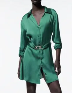ZARA ベルトサテン シャツワンピース グリーンのサムネイル