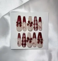 ネイルチップ ハンドメイド ボルドー ロングバレリーナ 冬ネイル チェック