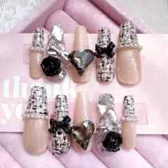 ネイルチップ ギャル ワンホン 韓国 スナ系 大人 ツイード フレンチ ゴールド