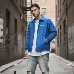 90sUSA製企業ロゴナイロンコーチジャケット短丈ブルーLサイズライトアウター