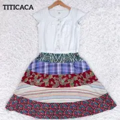 チチカカ　ドッキングワンピース　フレンチスリーブ　Aライン　貝ボタン　M