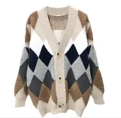 配色ニットカーディガン 韓国風レディースチェックアウター