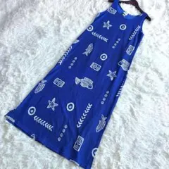 希少 USA製 90s マキシ丈ワンピース 総柄 マリン柄 ブルー ストレッチ
