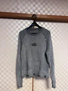 グレー ストライプ セーター ダメージ加工