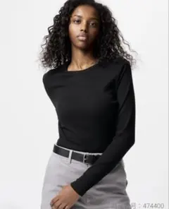 ソフトリブクルーネックT / ブラック　L 474470