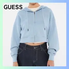 美品　ゲス　GUESS クロップド　パーカー Lサイズ　ブルー　ラインストーンのサムネイル