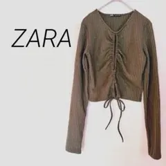 ZARA ザラ リブカットソー カーキ L 長袖 ギャザー