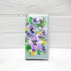 galaxy S21 Ultra5 手帳型 スマホケース パンジー 刺繍 ブルー