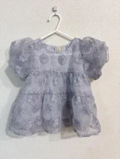 プティマイン　花柄刺繍 パフスリーブ チュニック　90 ブルー　半袖