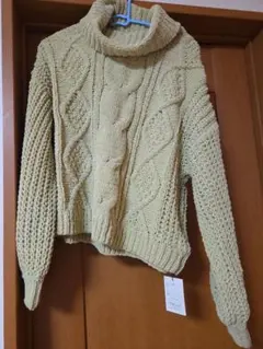 クリーム色 タートルネック ケーブルニットセーター Fサイズ　グレイル