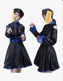 オフショルダー黒青チャイナドレス