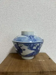 中国美術　清時代 染付 青花 青華 人物蓋椀蓋茶碗 蓋底銘『玩玉』時代物