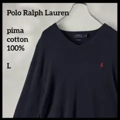 ニット　ポロラルフローレン　ネイビー紺色　刺繍ロゴ　ピマコットン100% 古着