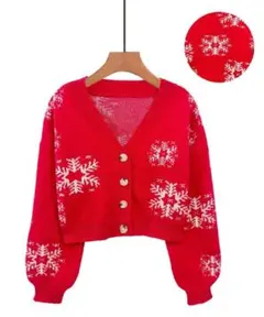 値下　クリスマス　赤　ニットカーディガン