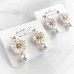 【No.56】期間限定！ホワイトパールとお花のピアス/ゴールド・ピンクラメ